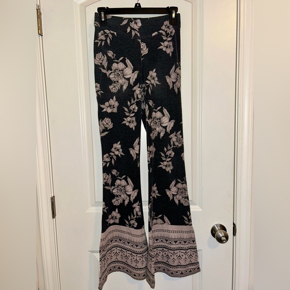 Boho Floral Black and Cream flare bell bottom Women's Pants cotton - Picture 1 of 8